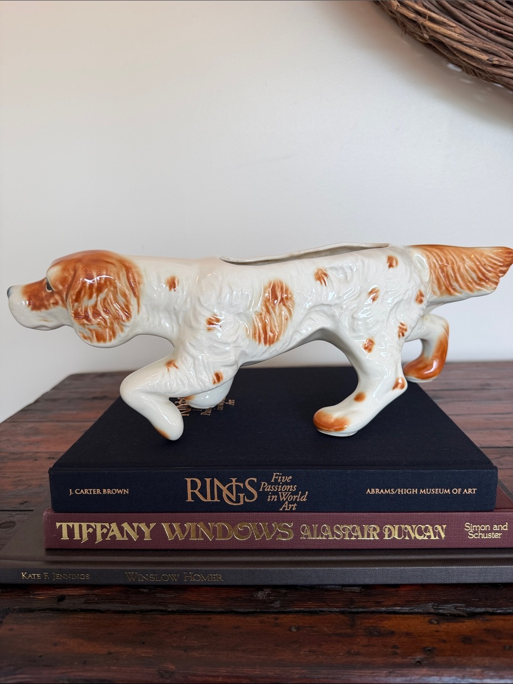 Vintage Ceramic Hunting Dog Irish Setter Planter in White and Brown.